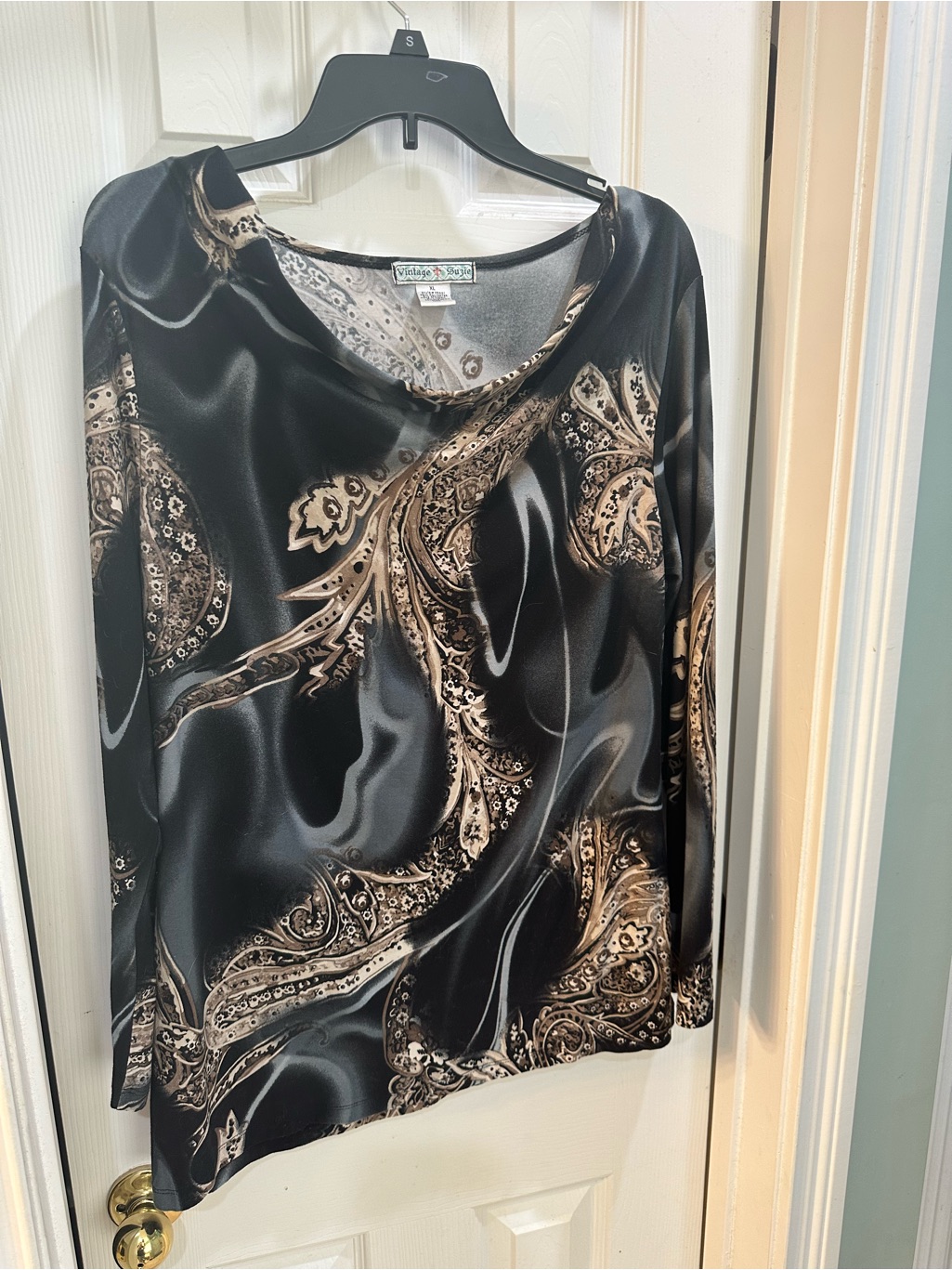 Vintage Suzie Blue And Tan Paisley Satin Blouse